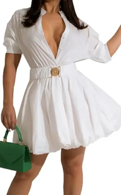 V Neck Button Down Split Puff Sleeve Dress