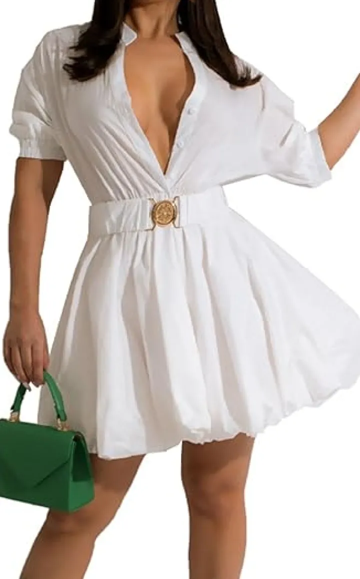 V Neck Button Down Split Puff Sleeve Dress