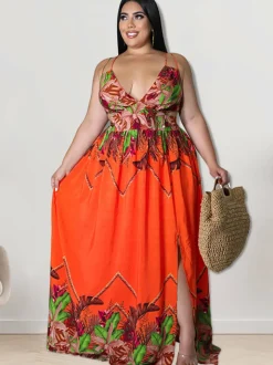 V Neck Floral Print Maxi Dress