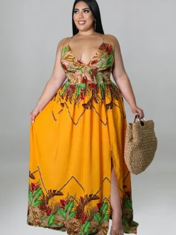 V Neck Floral Print Maxi Dress