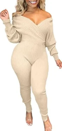 V Neck Long Sleeve Ribbed Jumpsuit