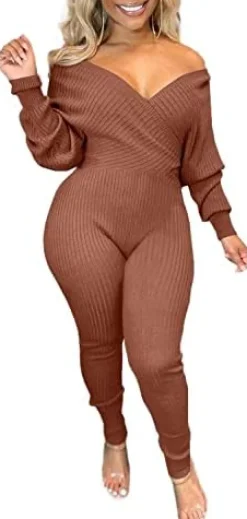 V Neck Long Sleeve Ribbed Jumpsuit