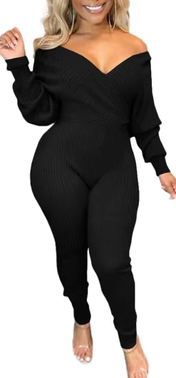 V Neck Long Sleeve Ribbed Jumpsuit