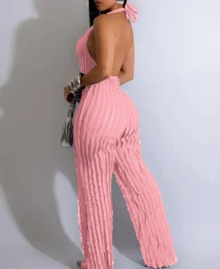 V Neck Pleated Halter Wide Leg Jumpsuit