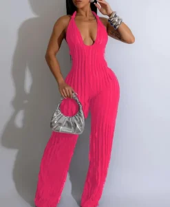V Neck Pleated Halter Wide Leg Jumpsuit