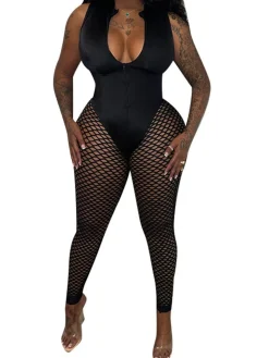 V Neck Sleeveless Bodycon Mesh Jumpsuit