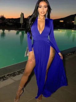 V Neck Solid Color Long Sleeve Slit Maxi Dress