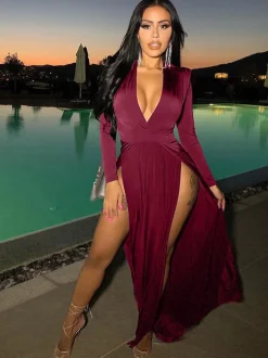 V Neck Solid Color Long Sleeve Slit Maxi Dress