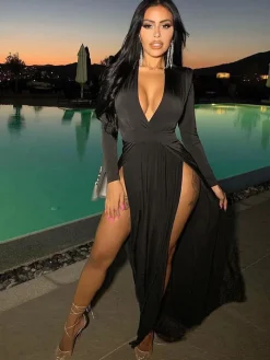 V Neck Solid Color Long Sleeve Slit Maxi Dress