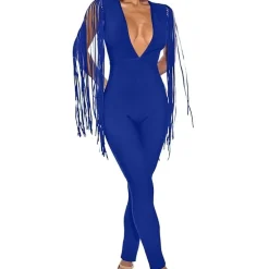 V Neck Tassel Sleeve Bodycon Jumpsuit