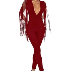V Neck Tassel Sleeve Bodycon Jumpsuit