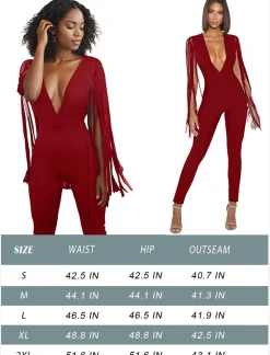 V Neck Tassel Sleeve Bodycon Jumpsuit