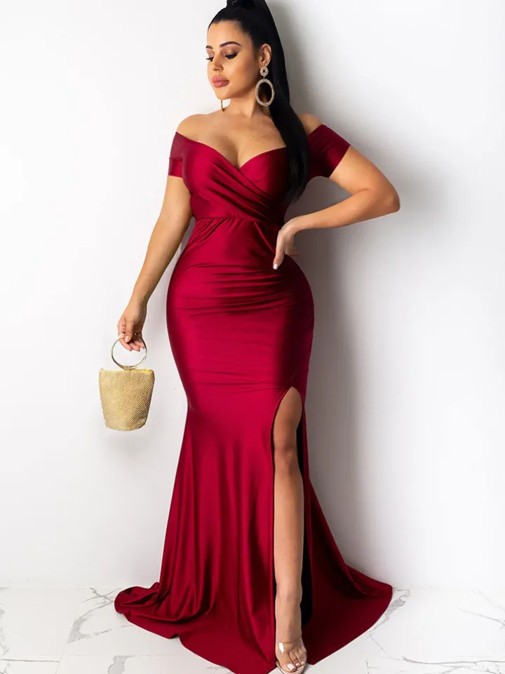 V Neck Wrap Ruched Split Maxi Dress