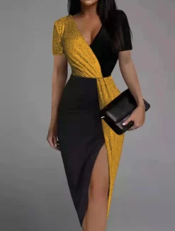 V Neck Wrap Slit Sparkly Midi Dress