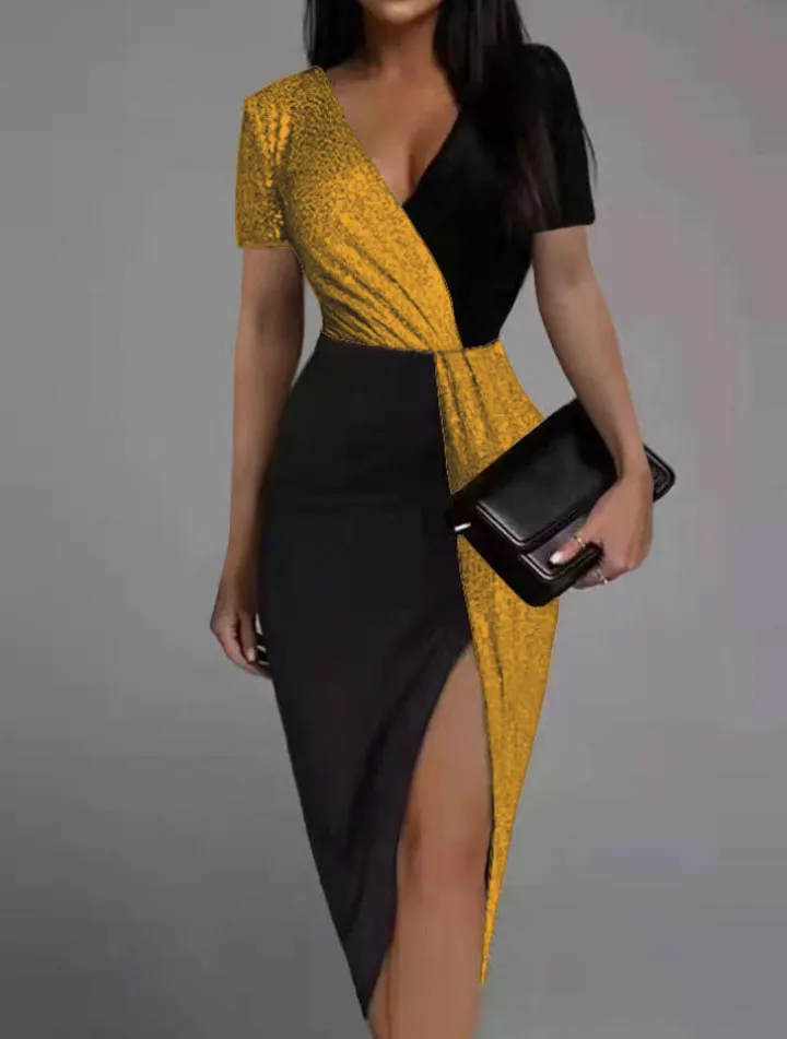 V Neck Wrap Slit Sparkly Midi Dress