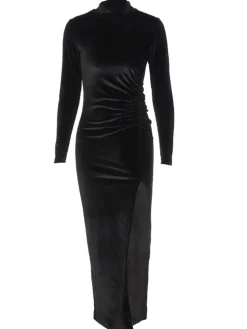 Velvet Long Sleeves Ruched Split Maxi Dress