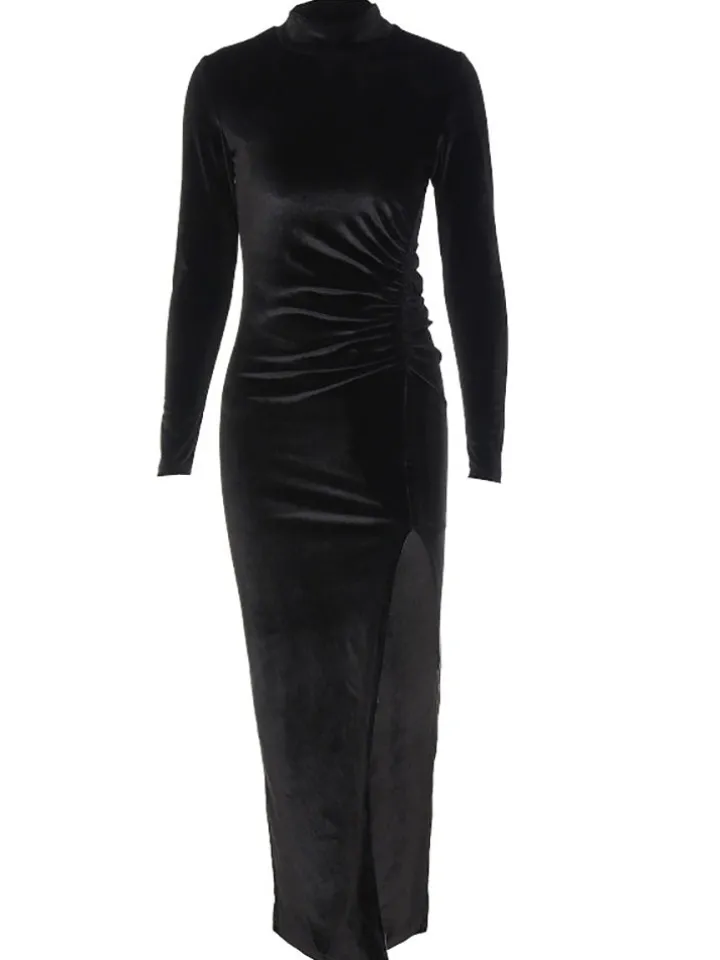 Velvet Long Sleeves Ruched Split Maxi Dress