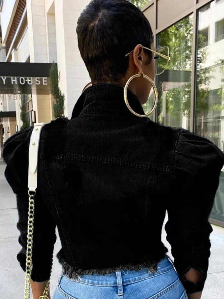 Vintage Button Cropped Destroyed Denim Coat