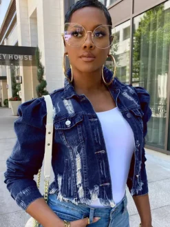 Vintage Button Cropped Destroyed Denim Coat