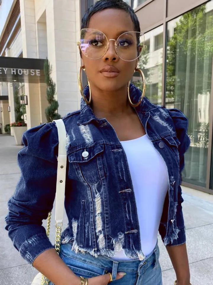 Vintage Button Cropped Destroyed Denim Coat