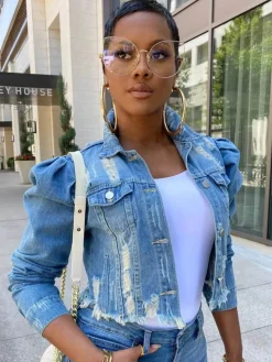 Vintage Button Cropped Destroyed Denim Coat