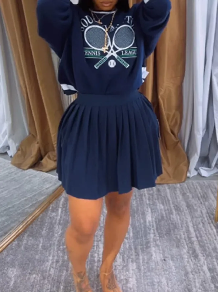 Vintage Tennis Print Sweatshirt Pleated Skirt Set