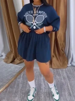 Vintage Tennis Print Sweatshirt Pleated Skirt Set