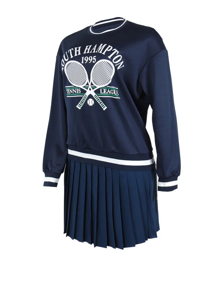 Vintage Tennis Print Sweatshirt Pleated Skirt Set