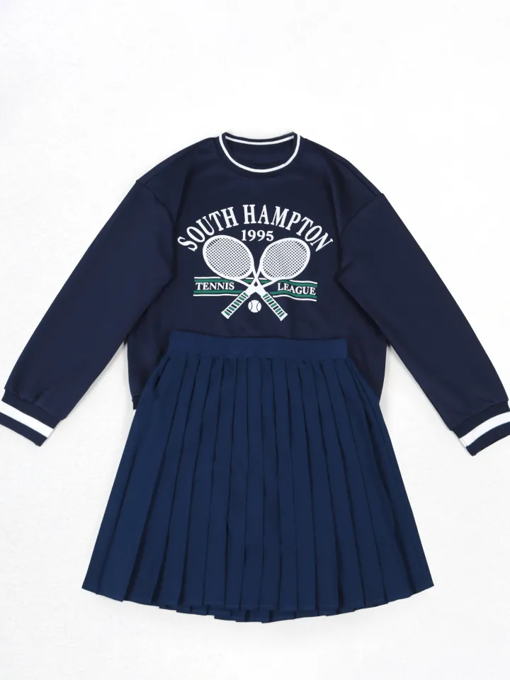 Vintage Tennis Print Sweatshirt Pleated Skirt Set