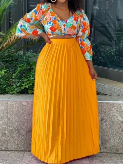 V-Neck Printed Top u0026 Pleated Skirt Two-Piece Set