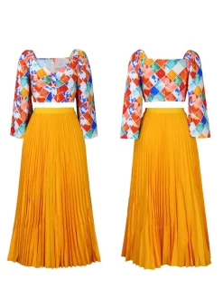 V-Neck Printed Top u0026 Pleated Skirt Two-Piece Set