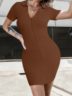 V-Neck Ribbed Striped Zipper Solid Color Mini Dress