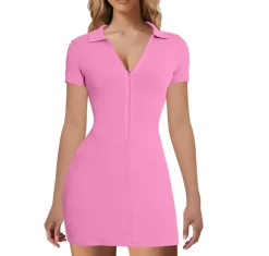 V-Neck Ribbed Striped Zipper Solid Color Mini Dress