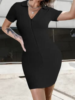 V-Neck Ribbed Striped Zipper Solid Color Mini Dress