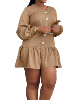 V-Neck Ruched Button Long Sleeve Mini Dress