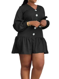 V-Neck Ruched Button Long Sleeve Mini Dress