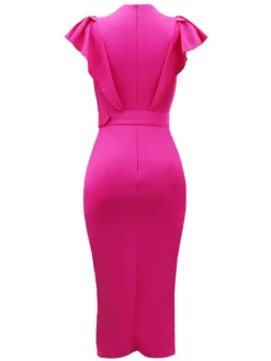 V-Neck Ruffle Sleeve Bodycon Dress