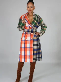 Woolen Long Sleeve Plaid Print Bodycon Coat