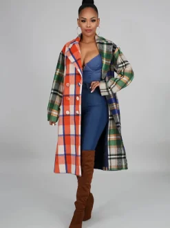 Woolen Long Sleeve Plaid Print Bodycon Coat