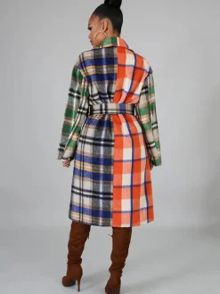 Woolen Long Sleeve Plaid Print Bodycon Coat