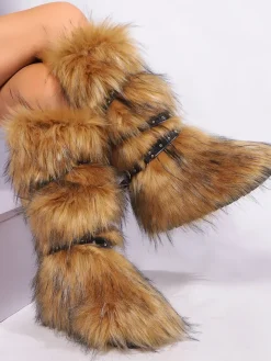 Y2K Faux Fur Cross Strap Buckle Boots