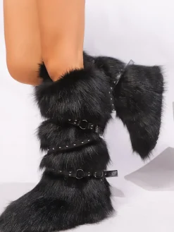 Y2K Faux Fur Cross Strap Buckle Boots