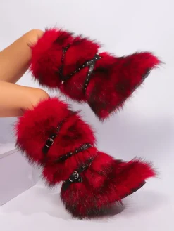 Y2K Faux Fur Cross Strap Buckle Boots