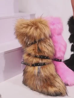 Y2K Faux Fur Cross Strap Buckle Boots