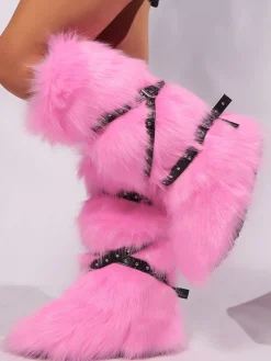 Y2K Faux Fur Cross Strap Buckle Boots