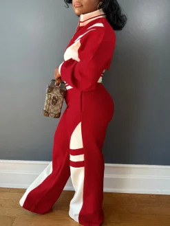 Zip Up Top Color Block Pants Set