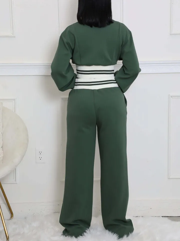Zip Up Top Color Block Pants Set