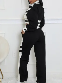 Zip Up Top Color Block Pants Set