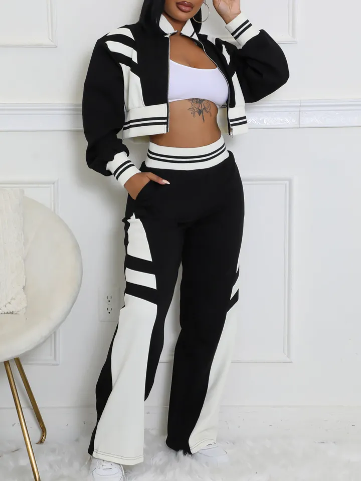 Zip Up Top Color Block Pants Set