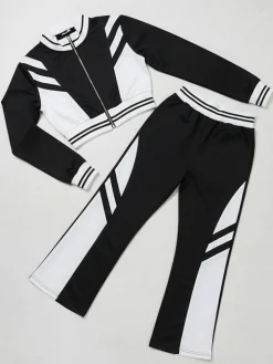 Zip Up Top Color Block Pants Set
